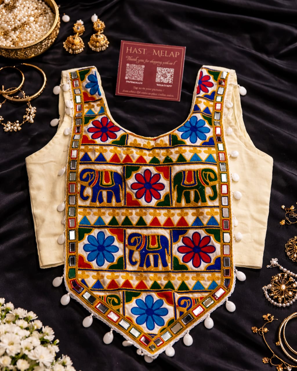 Gujarati Navratri halter neck shell work blouse, rayon cotton festive blouse for women white