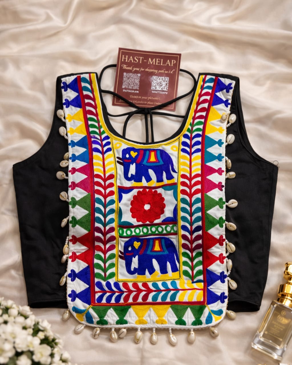 WhatsApp Image 2026-04-13 at 5.38.37 PM (2) Navratri real shell kaudi work magic cotton blouse for women, embroidery festive blouse with attachable sleeves, traditional garba blouse Black