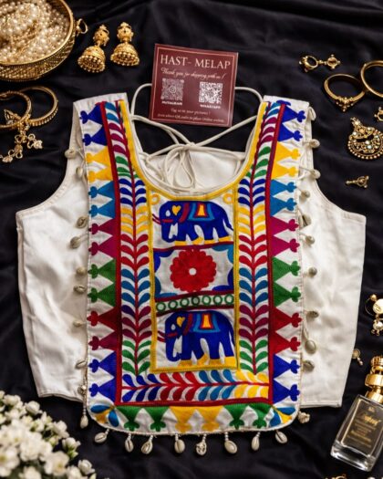 Navratri real shell kaudi work magic cotton blouse for women, embroidery festive blouse with attachable sleeves, traditional garba blouse White
