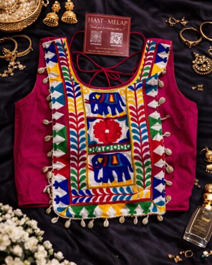 Navratri real shell kaudi work magic cotton blouse for women, embroidery festive blouse with attachable sleeves, traditional garba blouse Pink