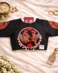 Gujarati Navratri patch mirror work blouse with kaudi work, boat neck festive blouse Black elbow lenght Sleeves
