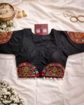 Gujarati Navratri patch mirror work blouse with kaudi work, boat neck festive blouse Black elbow lenght Sleeves