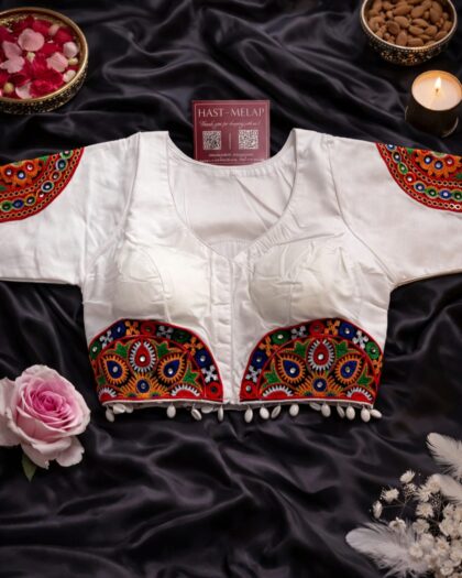 Gujarati Navratri patch mirror work blouse with kaudi work, boat neck festive blouse White elbow lenght Sleeves