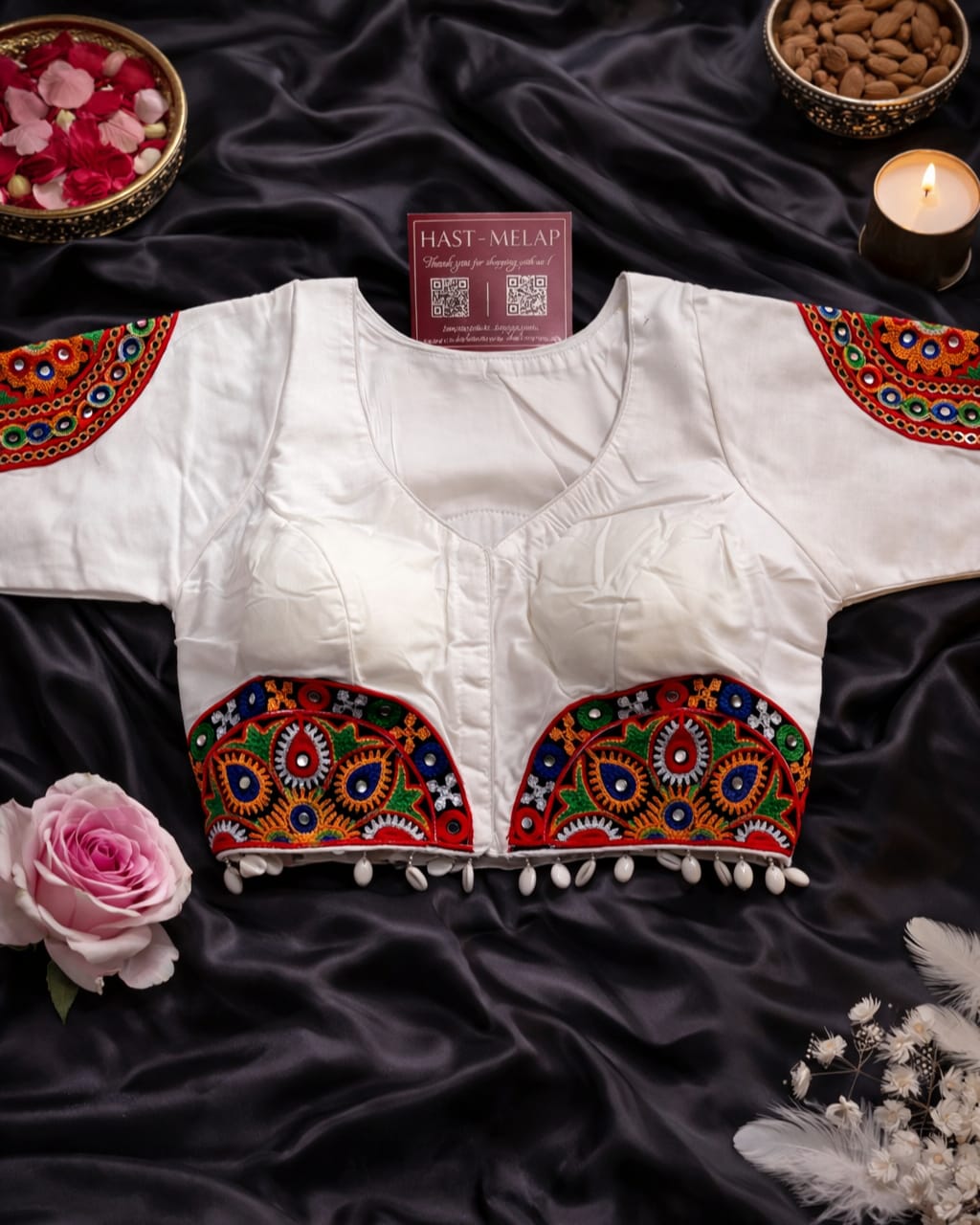 Gujarati Navratri patch mirror work blouse with kaudi work, boat neck festive blouse White elbow lenght Sleeves