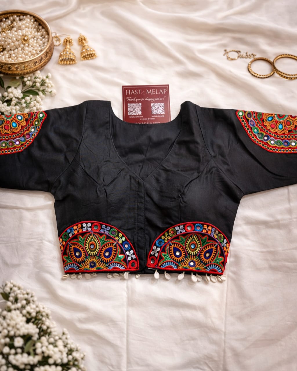 Gujarati Navratri patch mirror work blouse with kaudi work, boat neck festive blouse Black elbow lenght Sleeves