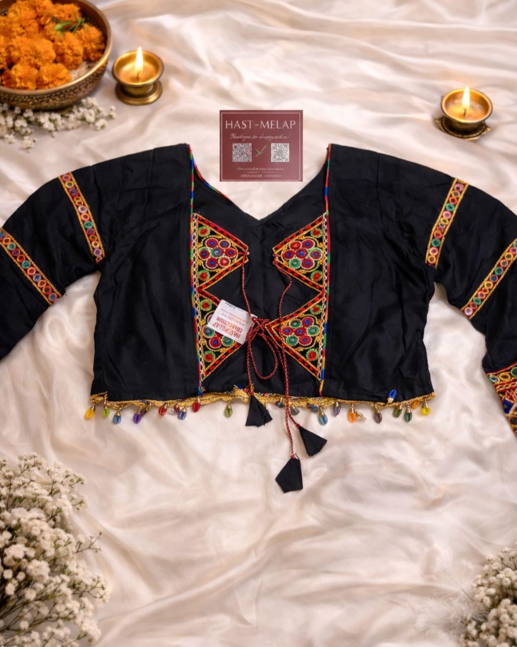Kutchi mirror work cotton blouse with full sleeves, Gujarati festive blouse for women Black