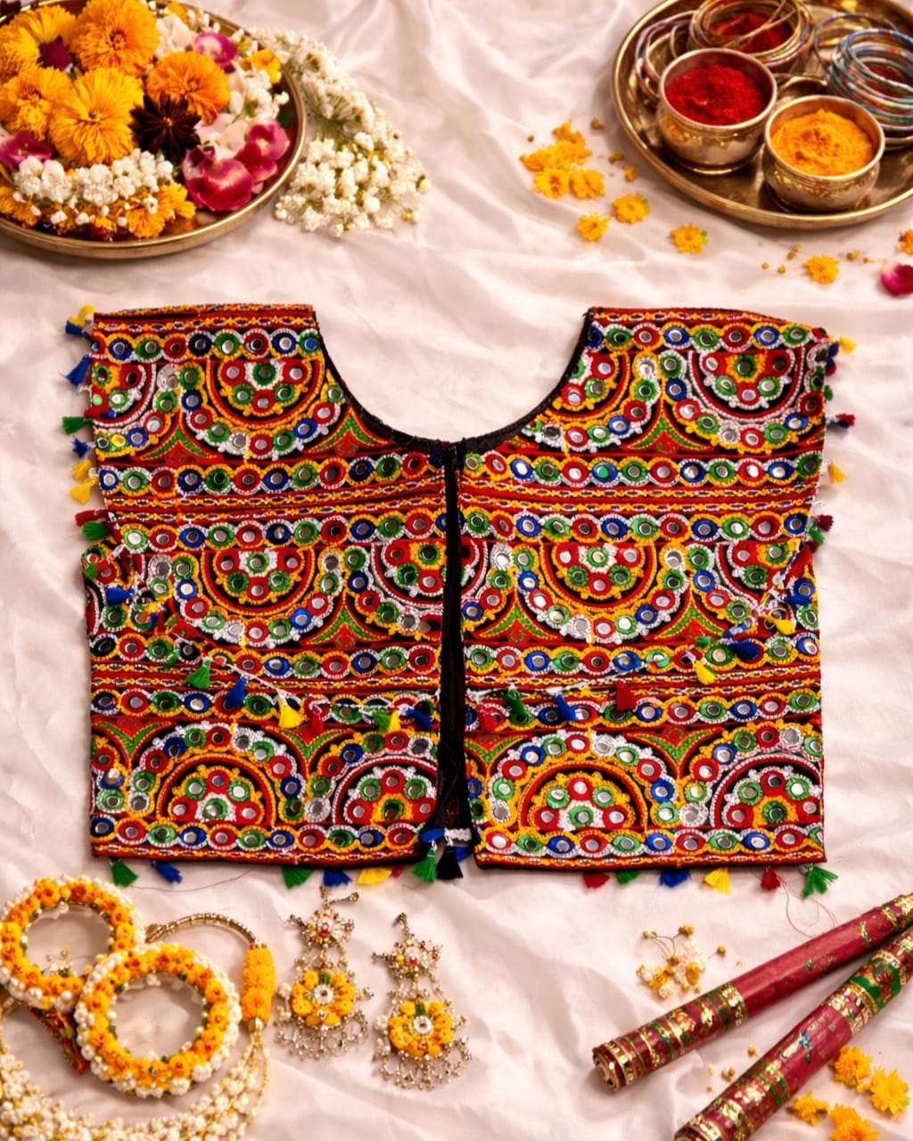 Gujarati kutchi mirror work sleeveless blouse, navratri festive blouse for women Black