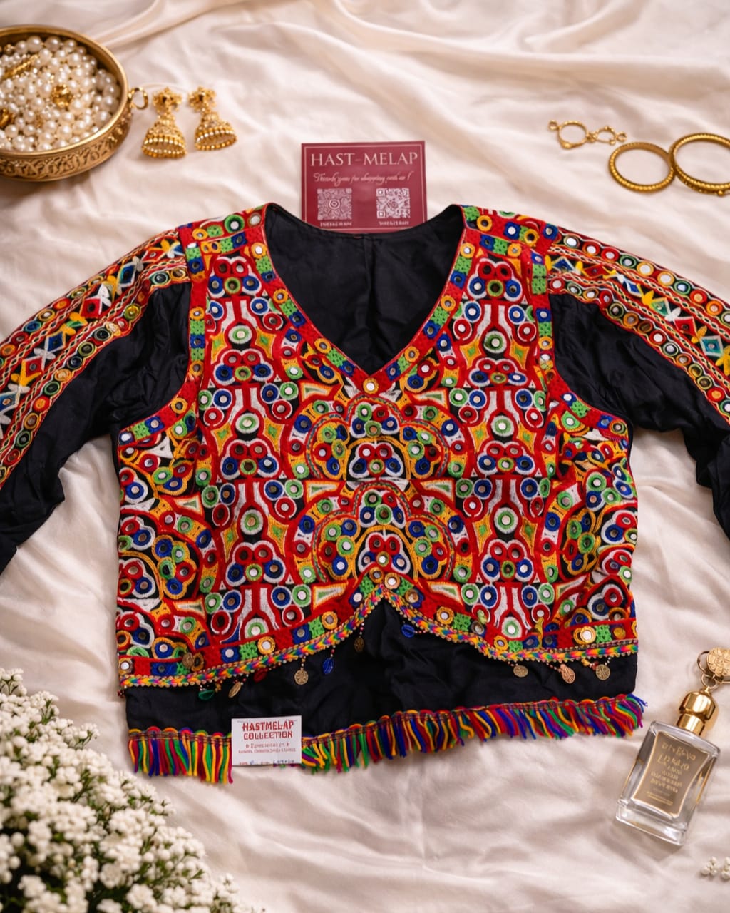 Gujarati Navratri gamthi mirror work kediya top with full sleeves, traditional festive wear for women Black