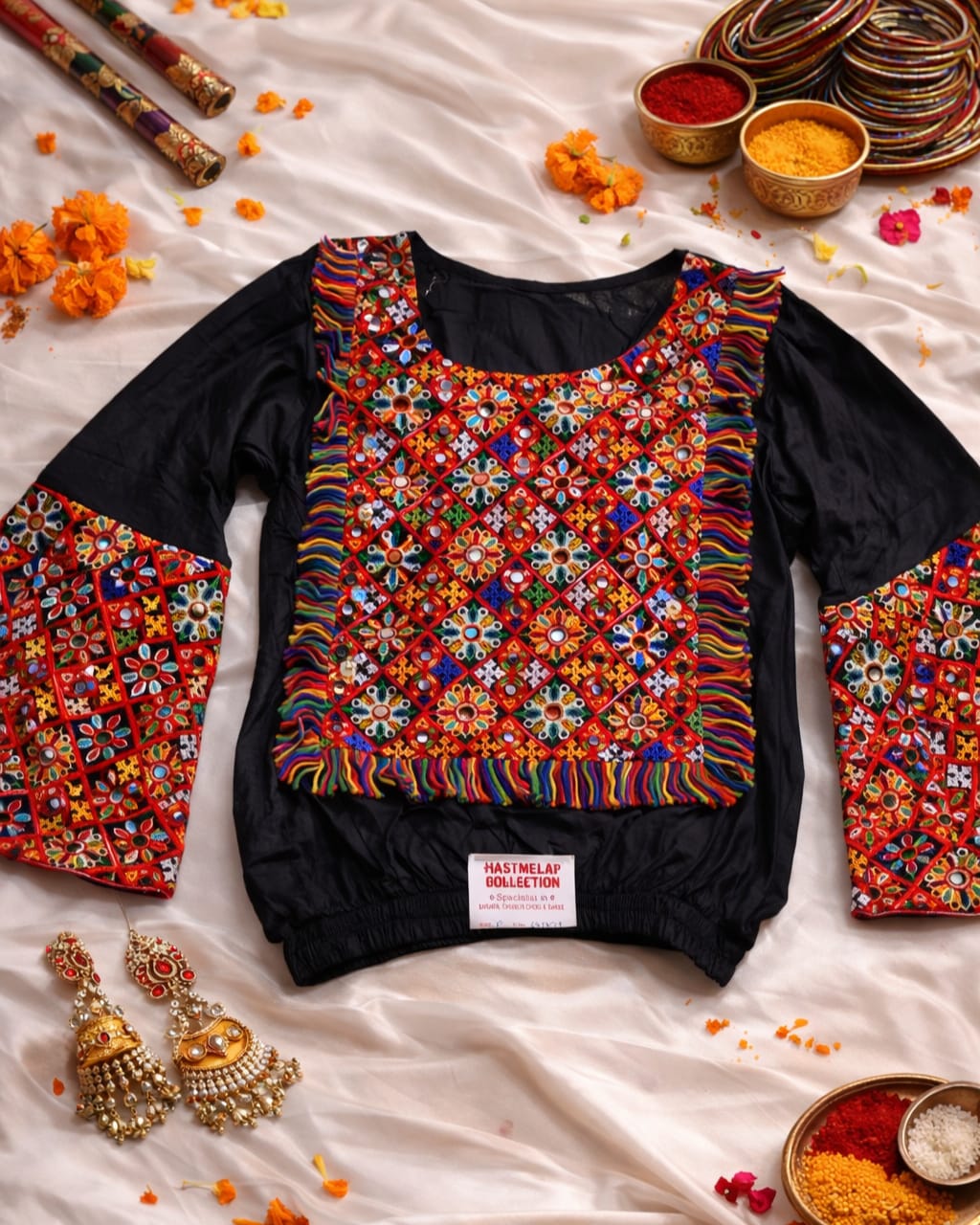 black Navratri gamthi mirror work kediya top for women with full sleeves, Gujarati festive wear