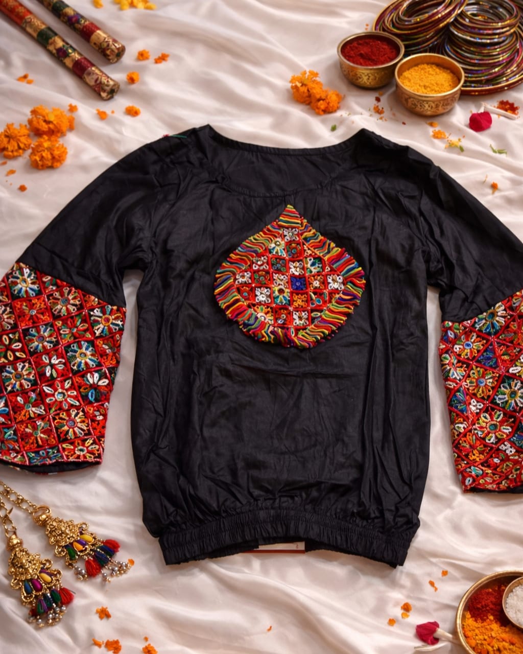 Navratri gamthi mirror work kediya top for women with full sleeves, Gujarati festive wear black