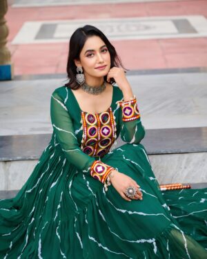 20000001 (1) Green Faux Georgette Laheriya Print Kutchi Patchwork Gown