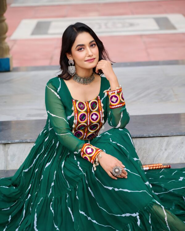 20000001 (1) Green Faux Georgette Laheriya Print Kutchi Patchwork Gown