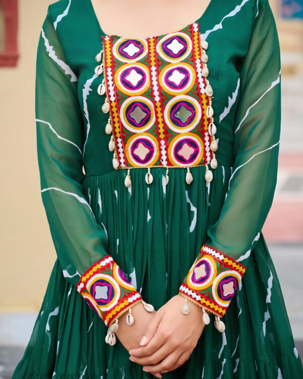 20000001 (2) Green Faux Georgette Laheriya Print Kutchi Patchwork Gown