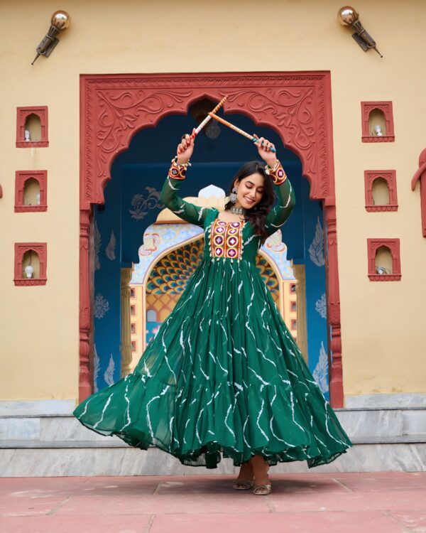 20000001 (3) Green Faux Georgette Laheriya Print Kutchi Patchwork Gown