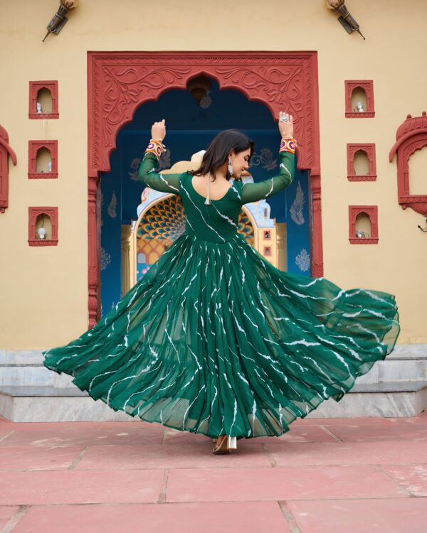 20000001 (4) Green Faux Georgette Laheriya Print Kutchi Patchwork Gown