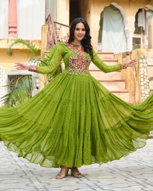 Faux Georgette Laheriya Print Kutchi Patchwork Gown
