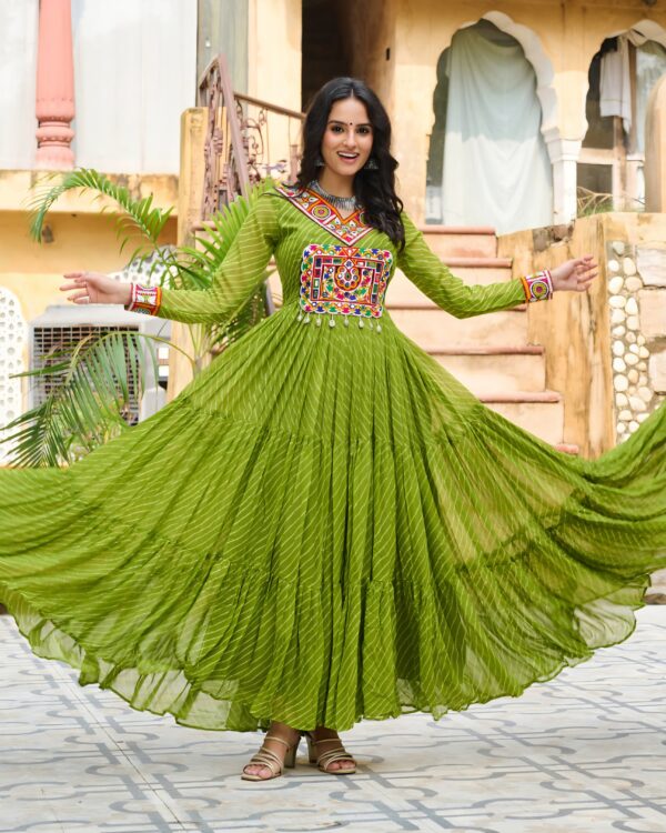 Faux Georgette Laheriya Print Kutchi Patchwork Gown