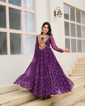 20000006 (1) Faux Georgette Bandhani Print Kutchi Patchwork Gown