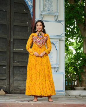 20000008 (1) Faux Georgette Bandhani Print Kutchi Patchwork Gown
