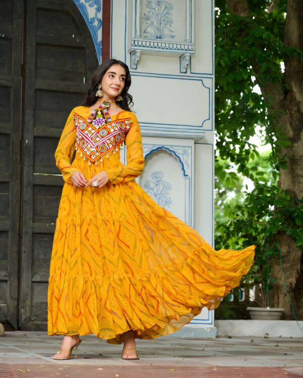20000008 (2) Faux Georgette Bandhani Print Kutchi Patchwork Gown