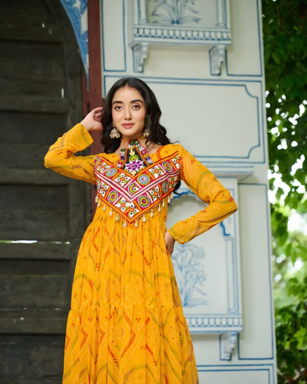 20000008 (3) Faux Georgette Bandhani Print Kutchi Patchwork Gown