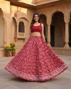 40000002 (1) Red Ajrakh Paisley Print Pure Cotton Skirt
