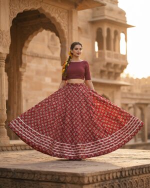 40000004 (1) Ruhani Red Ajrakh Buti Cotton Navratri Skirt