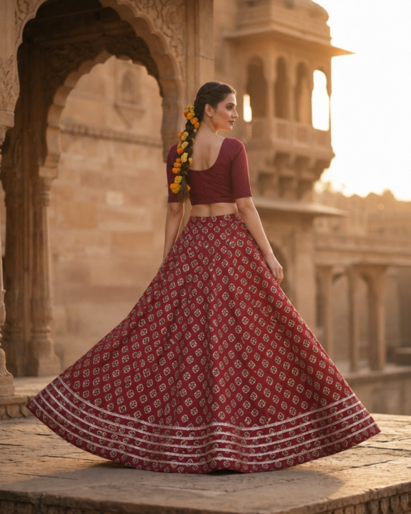 40000004 (2) (1) Ruhani Red Ajrakh Buti Cotton Navratri Skirt