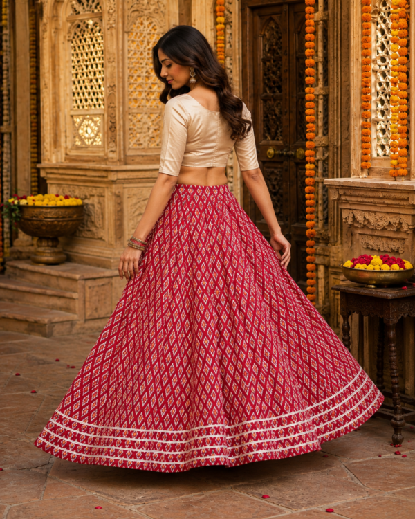 40000006 (1) Aaranya Maroon Ajrakh Diamond Buti Cotton Skirt