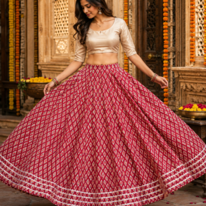 Aaranya Maroon Ajrakh Diamond Buti Cotton Skirt