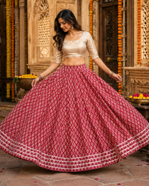 40000006 (2) Aaranya Maroon Ajrakh Diamond Buti Cotton Skirt