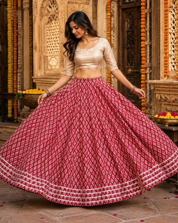 40000006 (2) Aaranya Maroon Ajrakh Diamond Buti Cotton Skirt