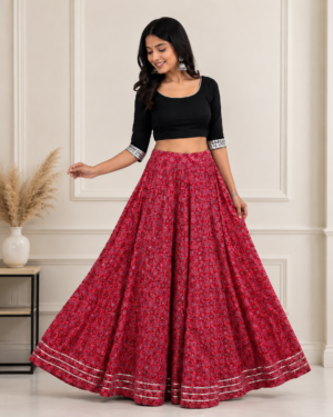 40000007 (1) Aarvika Red Ajrakh Floral Cotton Skirt