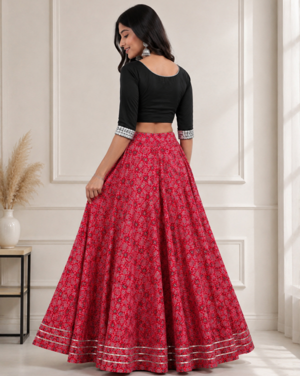 40000007 (2) Aarvika Red Ajrakh Floral Cotton Skirt