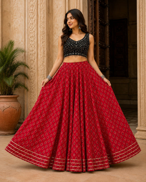 Riva Red Ajrakh Motif Cotton Skirt