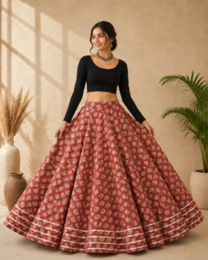 Rust Red Floral Ajrakh Print Skirt