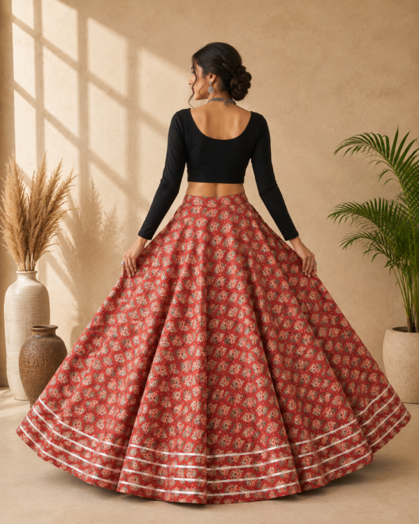 Rust Red Floral Ajrakh Print Skirt