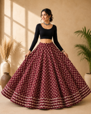 Maroon Heritage Floral Ajrakh Print Skirt