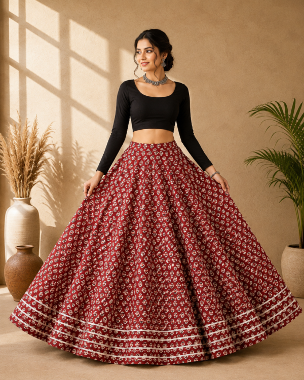Gulnaar Red Ajrakh Print Skirt