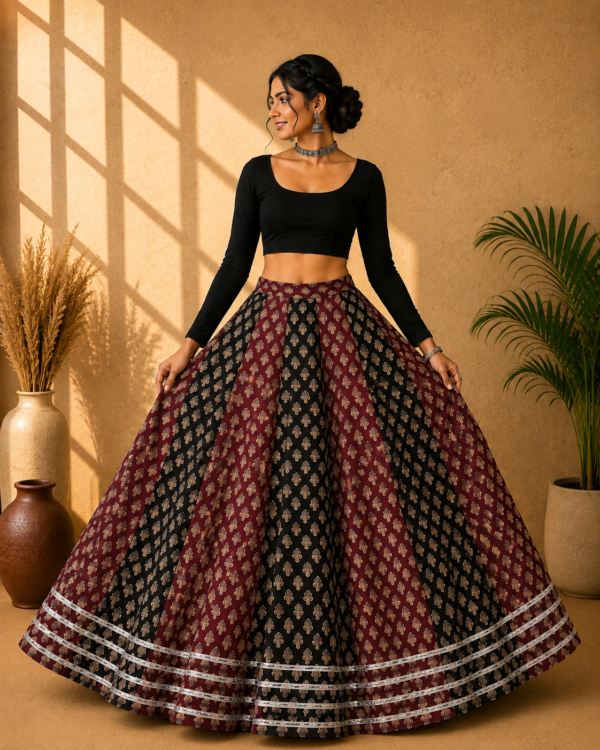 Meher Black & Maroon Ajrakh Print Skirt