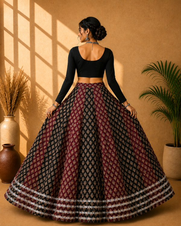 Meher Black & Maroon Ajrakh Print Skirt
