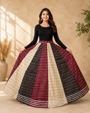 40000022 (1) Gulabi Noir Triple-Tone Ajrakh Print Skirt