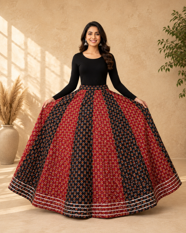 Gulmohar Black & Red Ajrakh Print Skirt