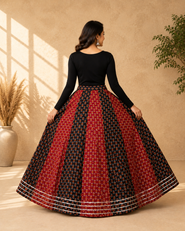 Gulmohar Black & Red Ajrakh Print Skirt