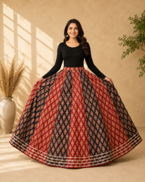 40000024 (1) Aabha Black & Maroon Ajrakh Print Skirt